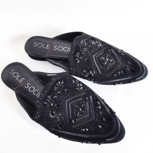 Sole Society Leather Beaded Black Slip-on Flat Pointy Toe Mules Size 8M Art Deco - Picture 5 of 10